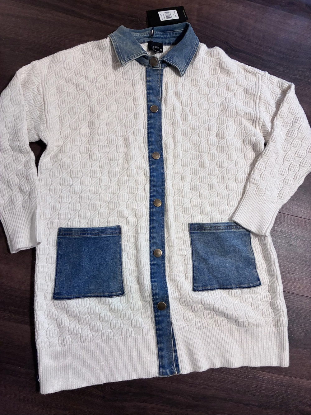 Cyrus Cream Knit Cardigan with Blue Denim Details